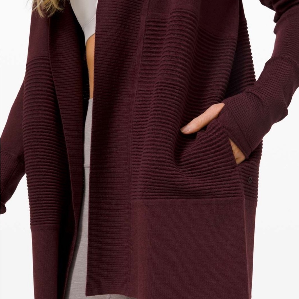 Lululemon Sit In Lotus Wrap II Plum Merino Wool Open Front Cardigan Sweater - Picture 3 of 8